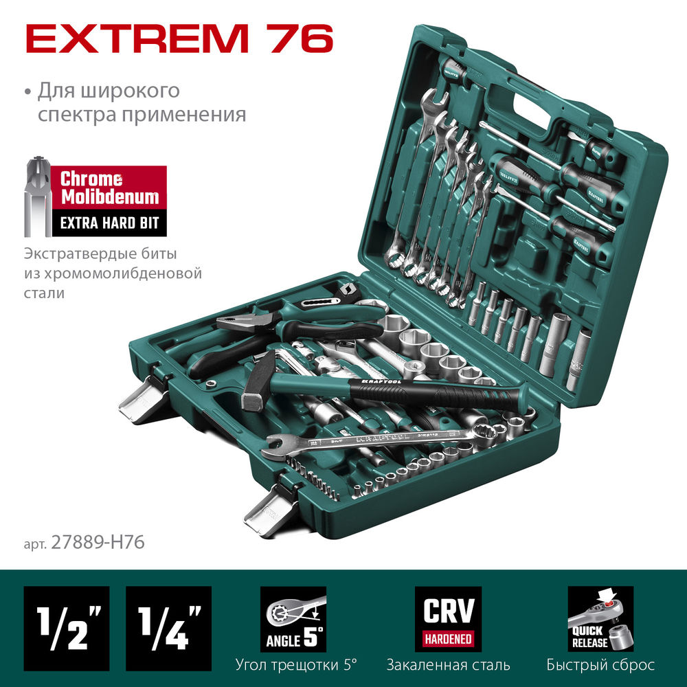 Набор инструмента универсальный 76 предм., (1/2+3/8+1/4) EXTREM-76 KRAFTOOL 27889-H76