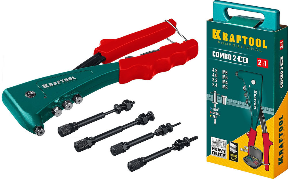 Комбинированный литой заклепочник Combo2-M6, 2 вида заклёпок, в кейсе KRAFTOOL 31180