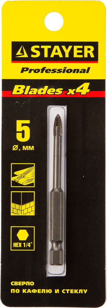 Сверло по стеклу и кафелю 5 мм, 4х кромка, HEX 1/4 STAYER 2985-05_z01
