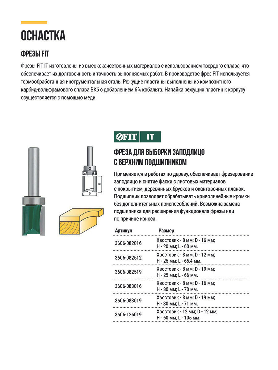 Фреза для выборки заподлицо с верхним подшипником DxHxL=19х25х66 мм (3606-082519)