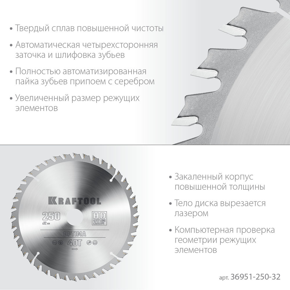 Пильный диск по дереву Optima, 250 х 32 мм, 40Т KRAFTOOL 36951-250-32