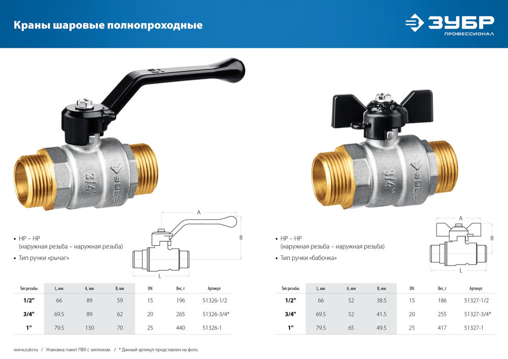 Шаровой кран полнопроходной d 1/2, ручка «бабочка», «папа-папа» ЗУБР 51327-1/2