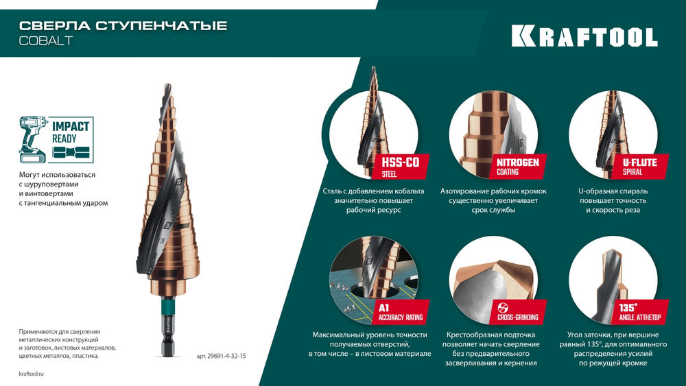 Сверло ступенчатое COBALT, 4–20 мм, 9 ступеней, азотирование, винтовая спираль KRAFTOOL 29691-4-20-9