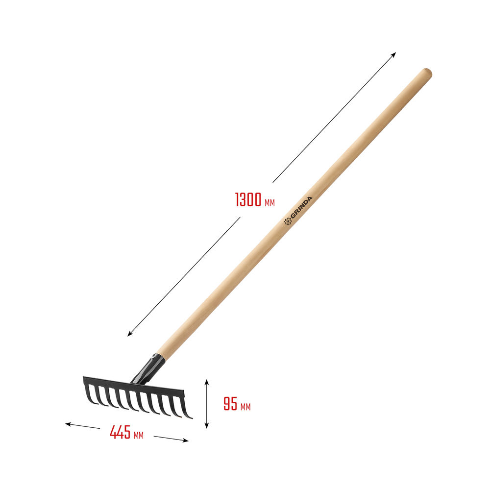 Садовые грабли GT-10 WOOD, 260 х 80 х 1300 мм, 10 прямых зубцов, углерод. сталь, антикор. покрытие, черенок дерев. высш. сорт GRINDA 39583-10
