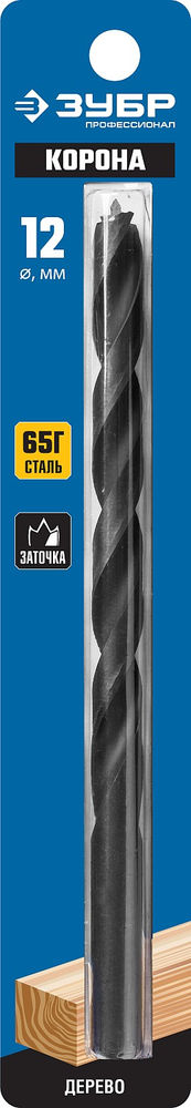 Сверло по дереву спиральное d 12 x 200/150 мм, М-образная заточка ЗУБР Профессионал 29421-200-12_z01