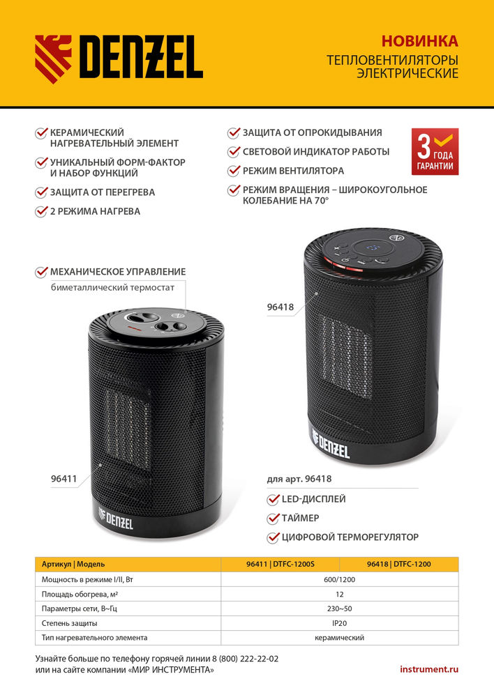 Тепловентилятор электрический керамический DTFC-1200, 3 режима, вентилятор, нагрев 600/1200 Вт Denzel (96418)