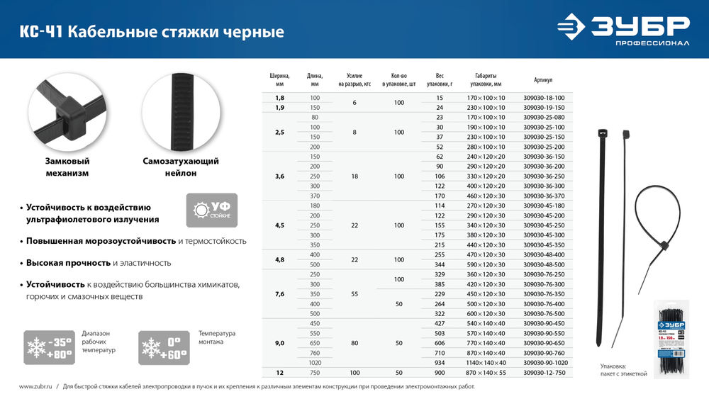 Кабельные стяжки черные КС-Ч1, 7.6 x 350 мм, нейлон РА66, 50 шт ЗУБР Профессионал 309030-76-350