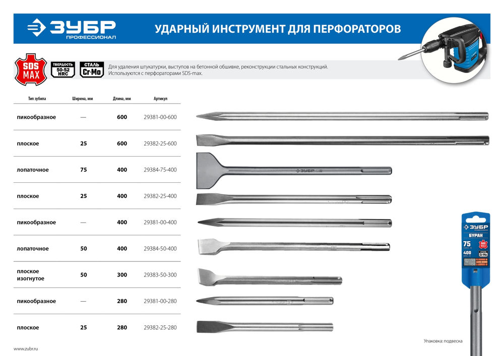 Зубило плоское 25 x 280 мм SDS-max ЗУБР БУРАН Профессионал 29382-25-280_z01