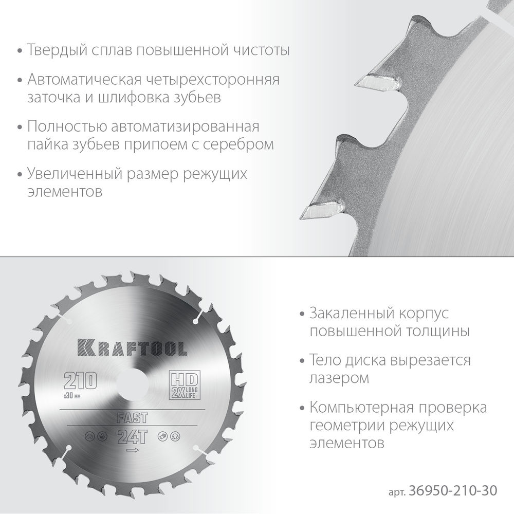 Пильный диск по дереву Fast, 210 х 30 мм, 24Т KRAFTOOL 36950-210-30