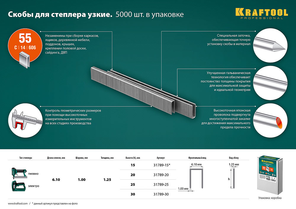Скобы тип 55 (90/C), 30 мм, калибр 18GA, 5000 шт KRAFTOOL 31789-30