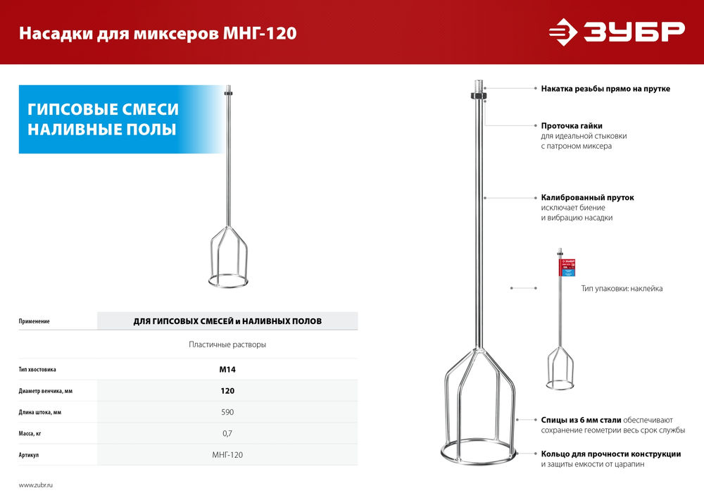 Насадка-миксер М14, d120 мм, для гипсовых смесей и наливных полов ЗУБР МНГ-120