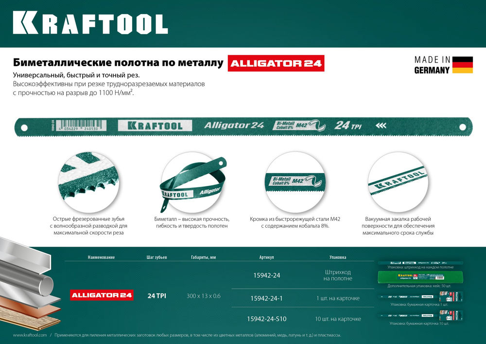 Биметаллическое гибкое полотно по металлу Alligator-24, 24 TPI, 300 мм KRAFTOOL 15942-24-1