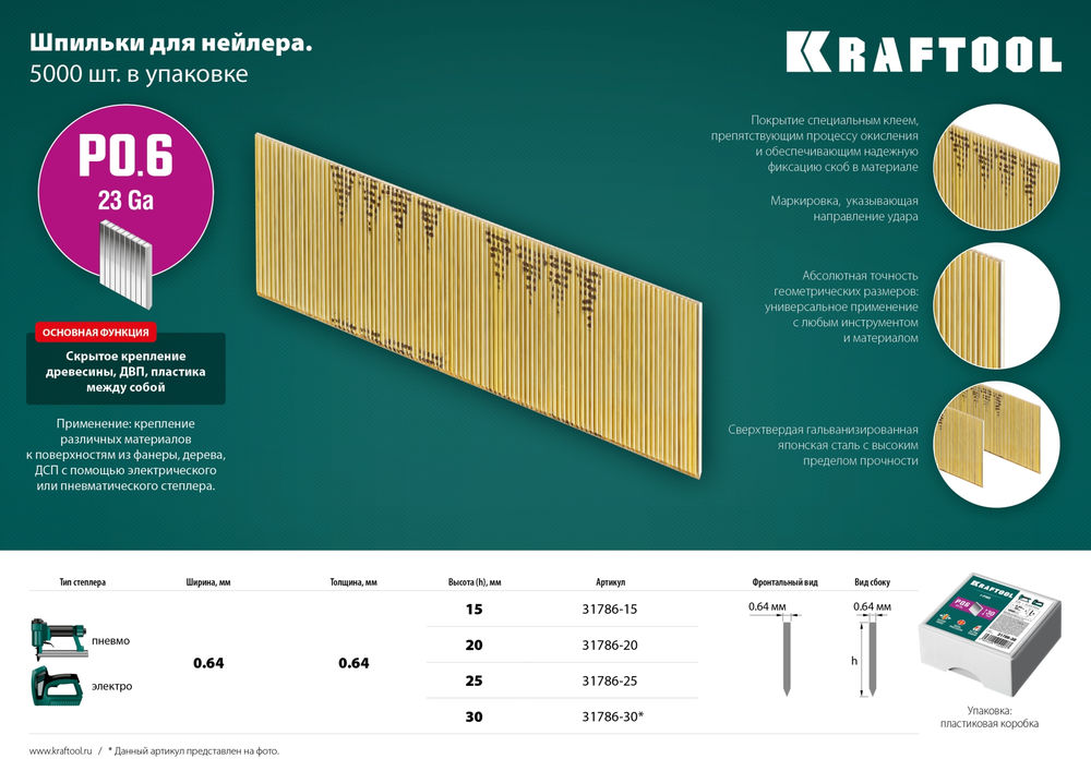Шпильки тип P0.6, 15 мм, калибр 23GA, 10 000 шт KRAFTOOL 31786-15
