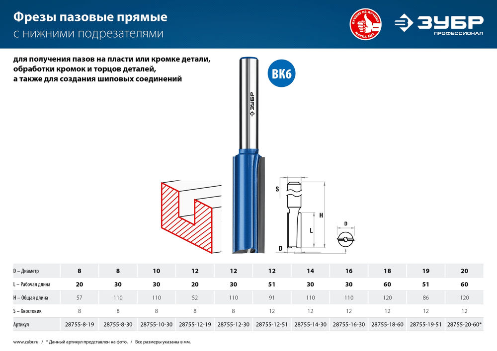 Фреза пазовая прямая 20?60 мм с нижними подрезателями хвостовик 12 мм ЗУБР Профессионал 28755-20-60