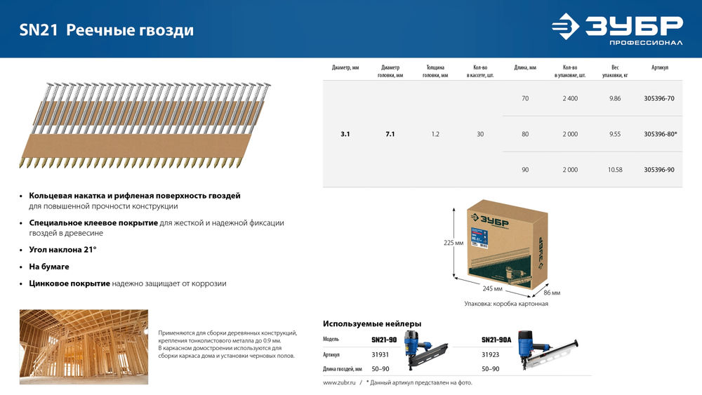 Гвозди реечные рифленые оцинкованные SN21 80 x 3.1 мм, 2010 шт ЗУБР 305396-80