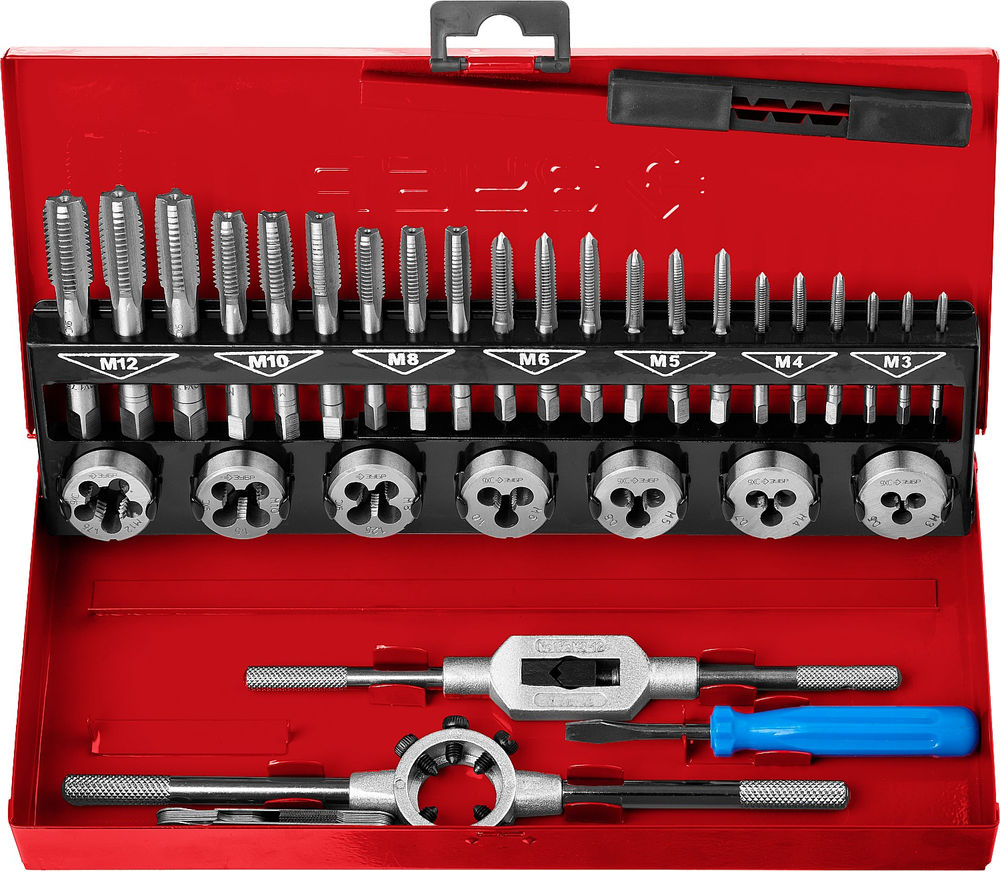 Набор метчиков и плашек 32 предмета сталь 9ХС ЗУБР 28129-H32