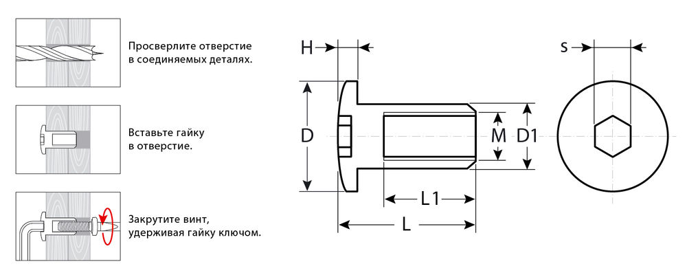 Гайка Эриксона с полукруглой головкой M6 x 12 мм, шест. 5 мм, цинк, 5 кг ЗУБР Профессионал 303760-5