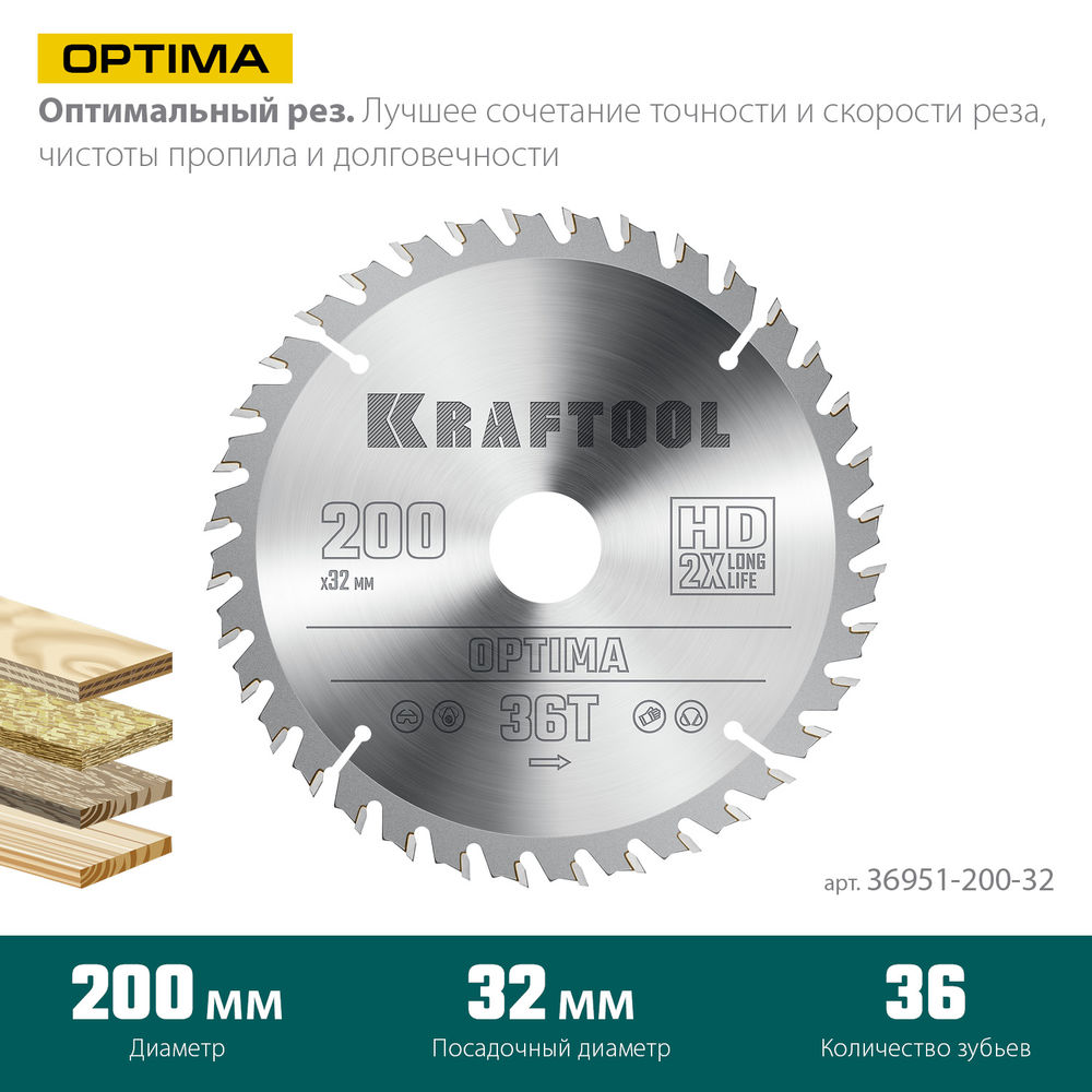 Пильный диск по дереву Optima, 200 х 32 мм, 36Т KRAFTOOL 36951-200-32