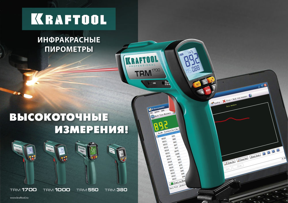 Пирометр инфракрасный TRM-380, –50° +380°С KRAFTOOL 45707-380