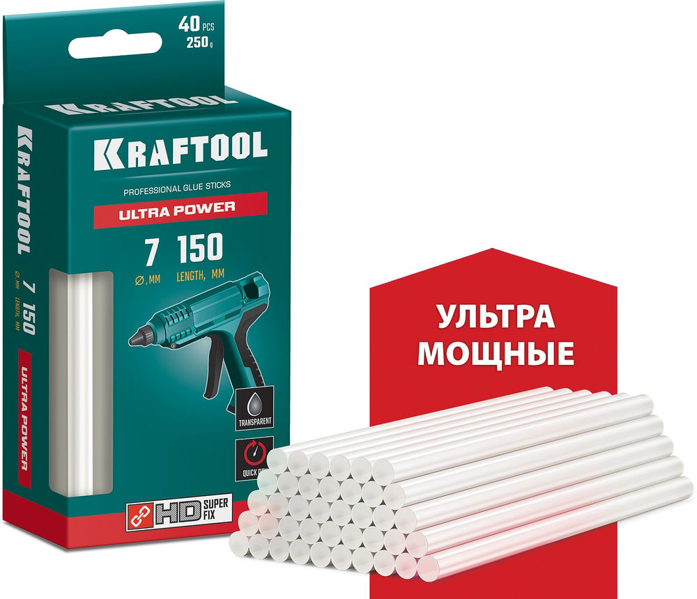 Клеевые стержни Ultra Power, 7 х 150 мм, 40 шт, прозрачные, ультрамощные KRAFTOOL 06837-40