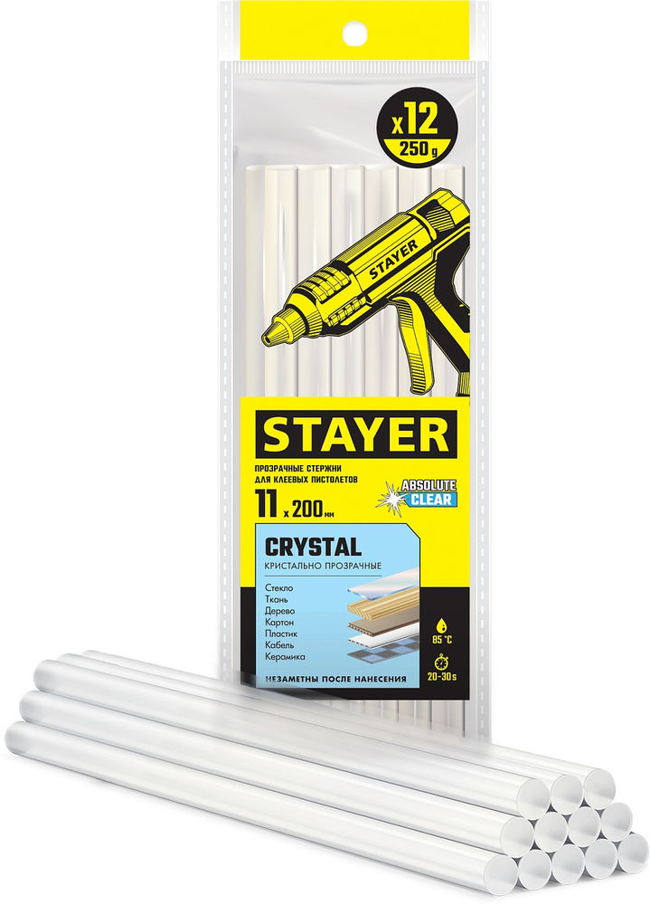 Стержни клеевые универсальные Cristal, 11 х 200 мм, 12 шт, прозрачные STAYER Professional 0682-12