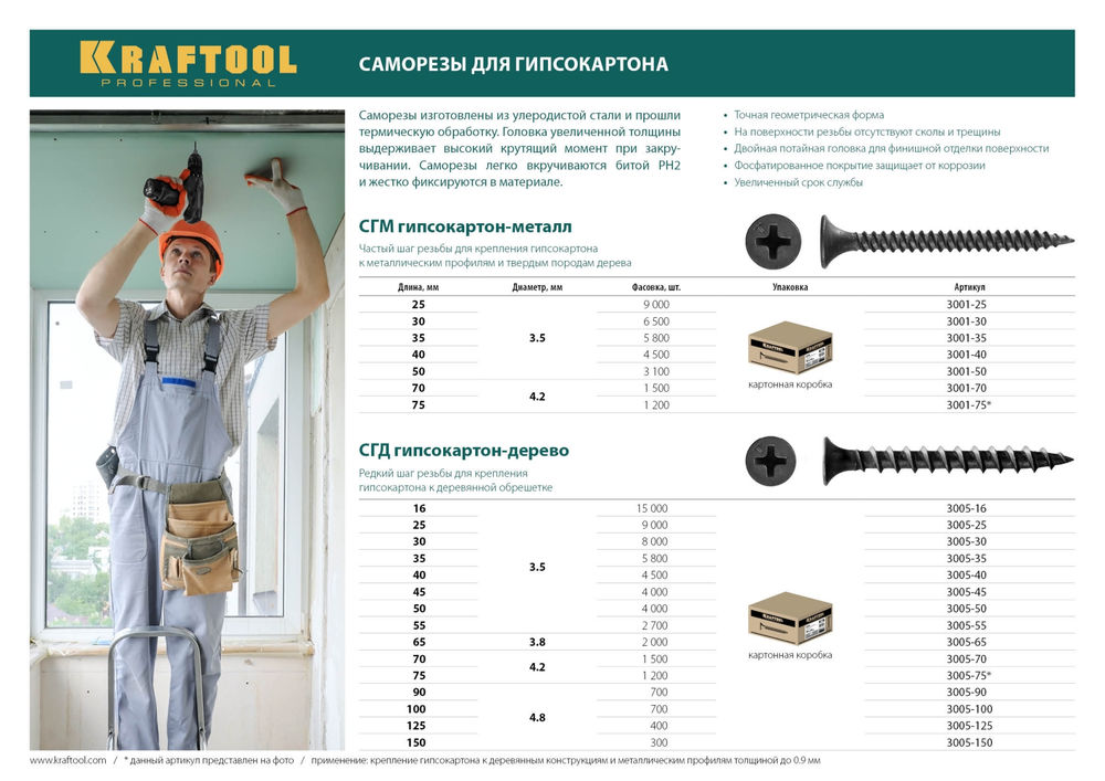 Саморез гипсокартон-металл СГМ, 70 х 4.2 мм, фосфатированное покрытие, 1500 шт KRAFTOOL 3001-70