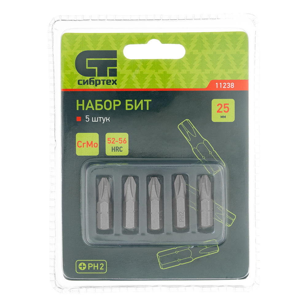 Бита PH2 x 25, сталь CrMo, 5 шт. Сибртех (11238)