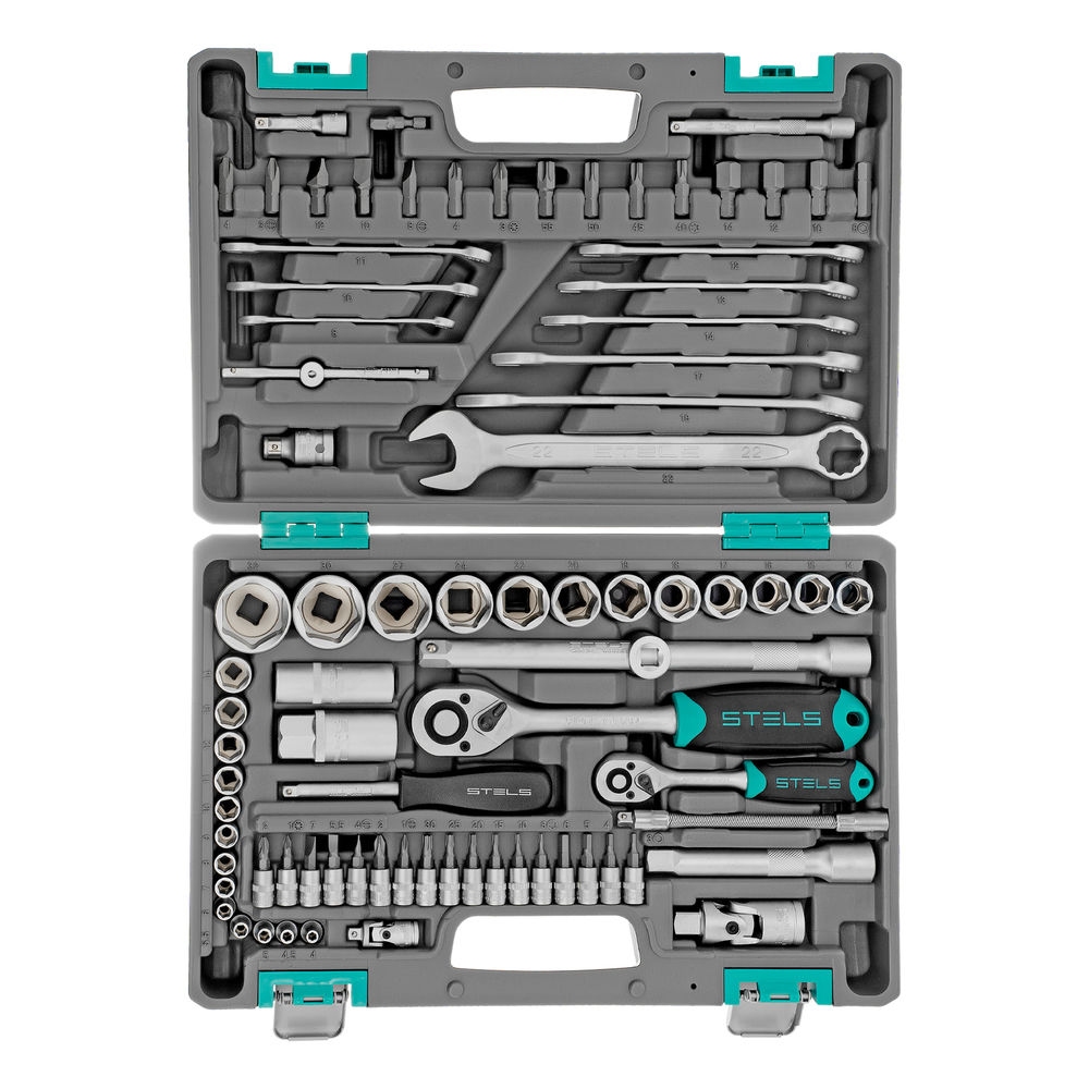 Набор инструментов, 1/2, 1/4, CrV, пластиковый кейс 82 предмета Stels