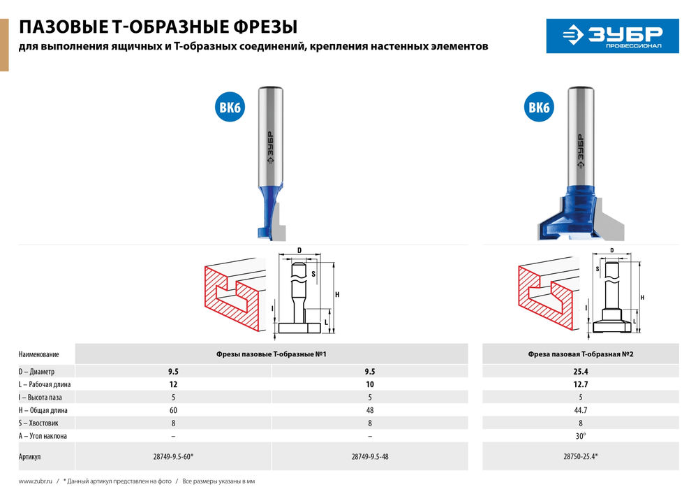 Фреза пазовая Т-образная №1 9.5 x 12 мм, высота 5 мм ЗУБР Профессионал 28749-9.5-60