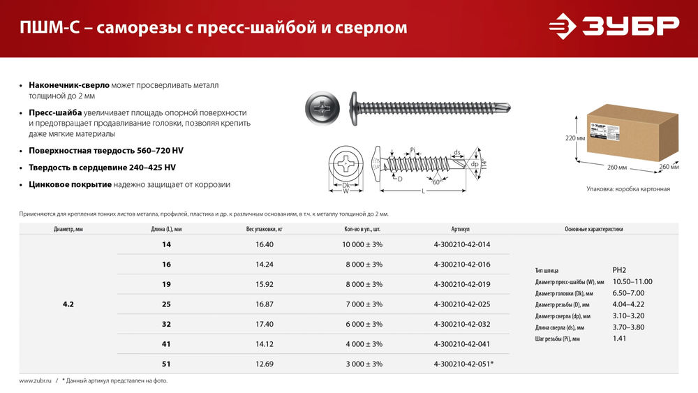 Саморез с пресс-шайбой и сверлом 16 х 4.2 мм, цинк, 14.24 кг ЗУБР ПШМ-С 4-300210-42-016_z01