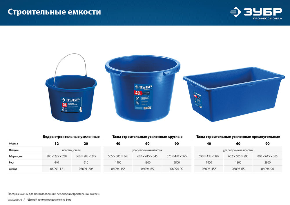 Таз строительный круглый усиленный 40 л, первичный высокопрочный пластик ЗУБР 06094-45