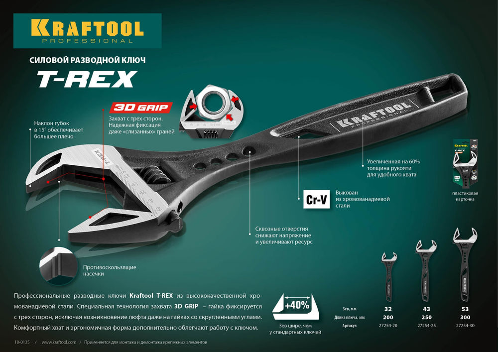 Ключ разводной силовой T-REX, 250/43 мм (27254-25) KRAFTOOL