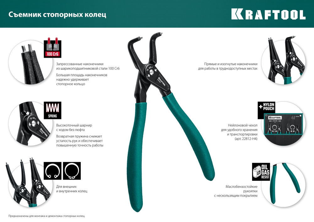 Съемник стопорных колец 180 мм, прямые губки, внутренний KRAFTOOL 22812-1