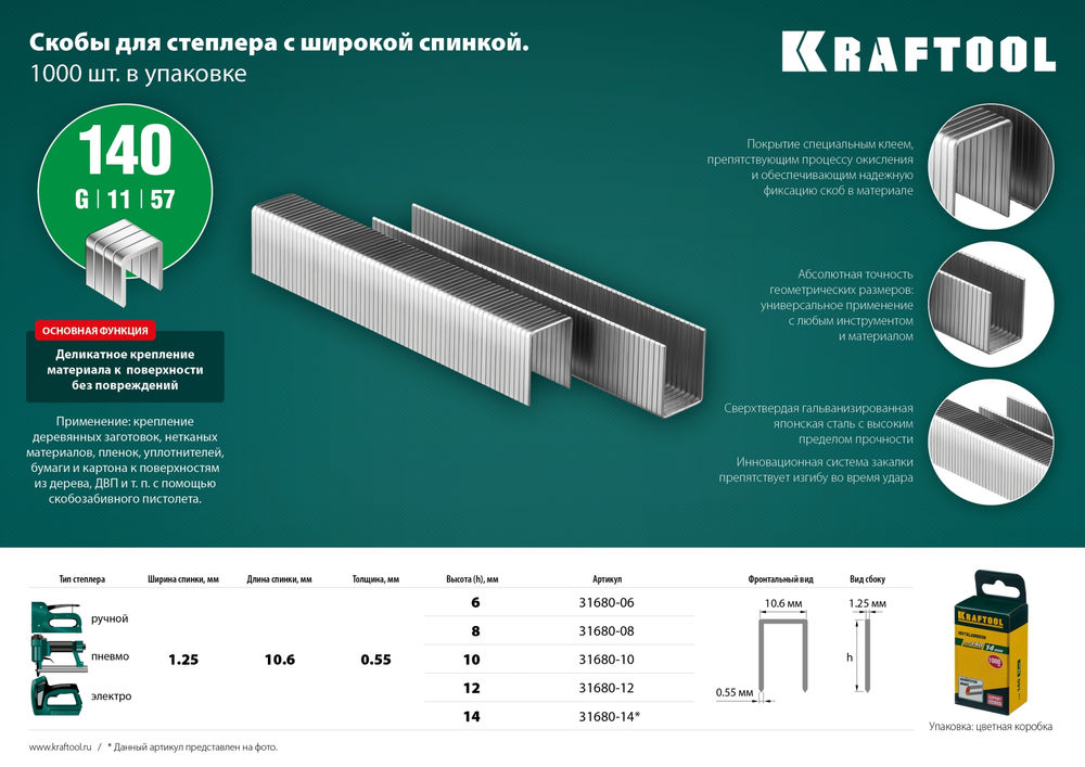 Скобы тип 140 (G/11/57), 6 мм, калибр 20GA, 1000 шт KRAFTOOL 31680-06
