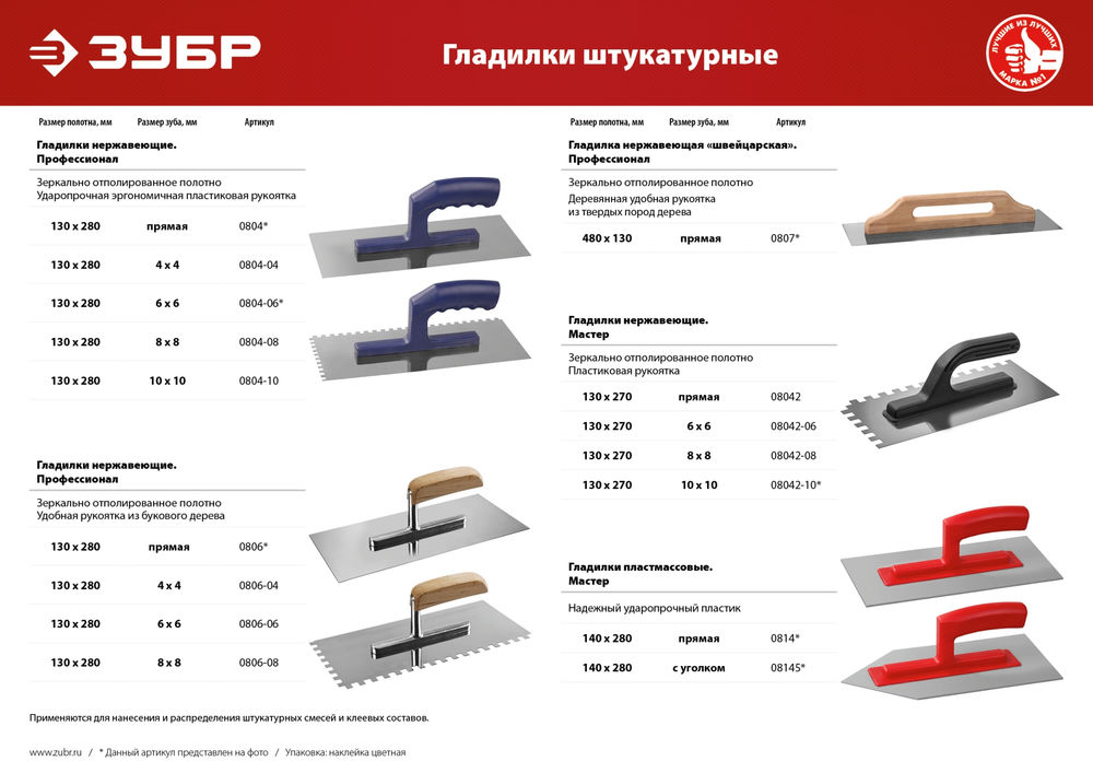 Гладилка штукатурная 140?280 мм ЗУБР 0814