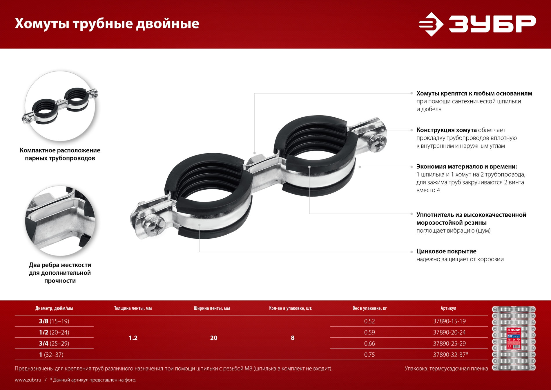 ЗУБР 3/4?, цинк, 8 шт, двойной трубный хомут (37890-25-29)