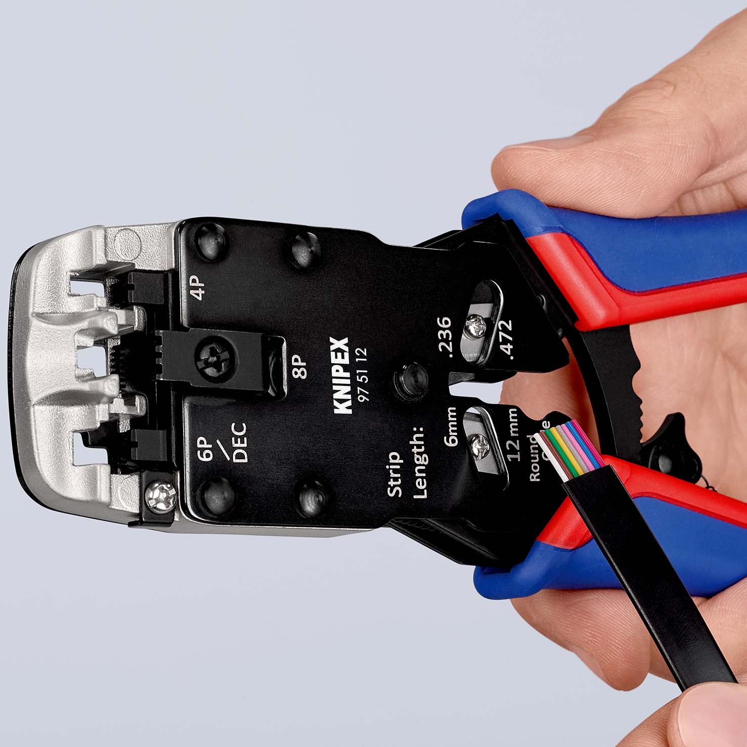 Пресс-клещи для штекеров RJ, 3 гнезда, RJ 10 (4-pin), RJ 11/12 (6-pin), RJ 45 (8-pin), 200 мм, SB (KN-975112SB)