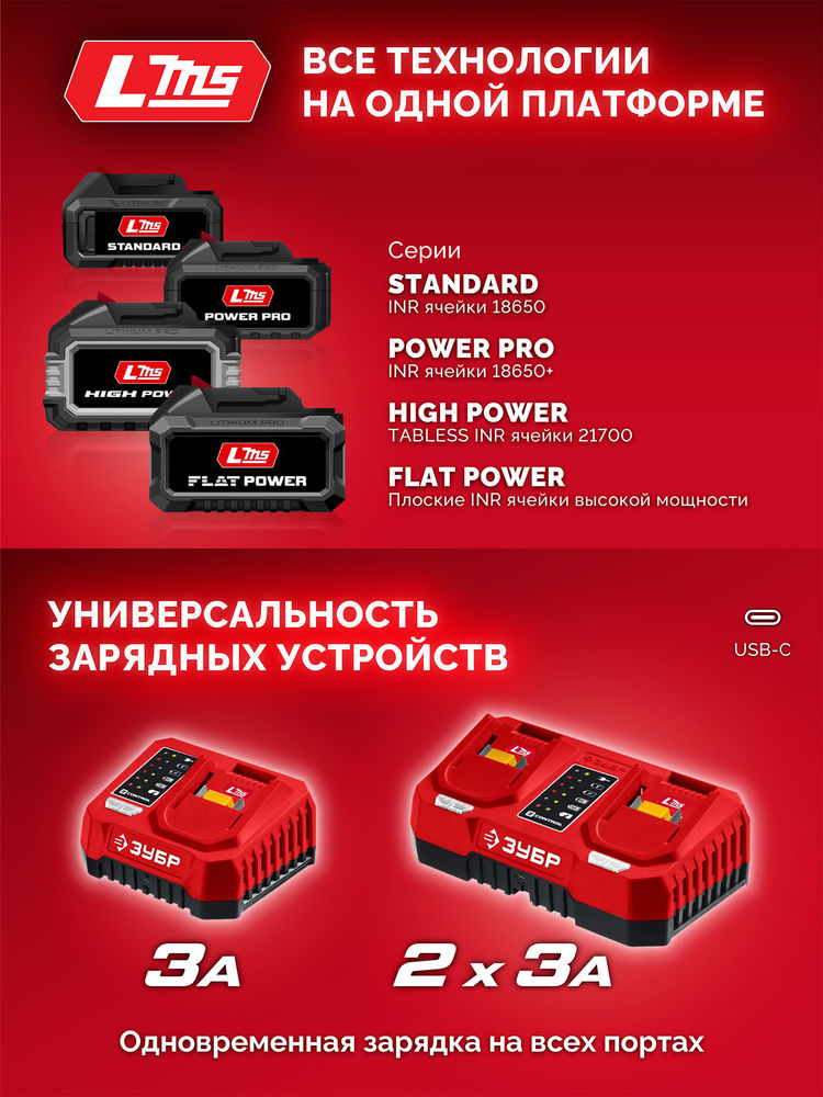 Зарядное устройство для LMS АКБ 20 В 2 порта 2?3 А ЗУБР БЗУ-20-2