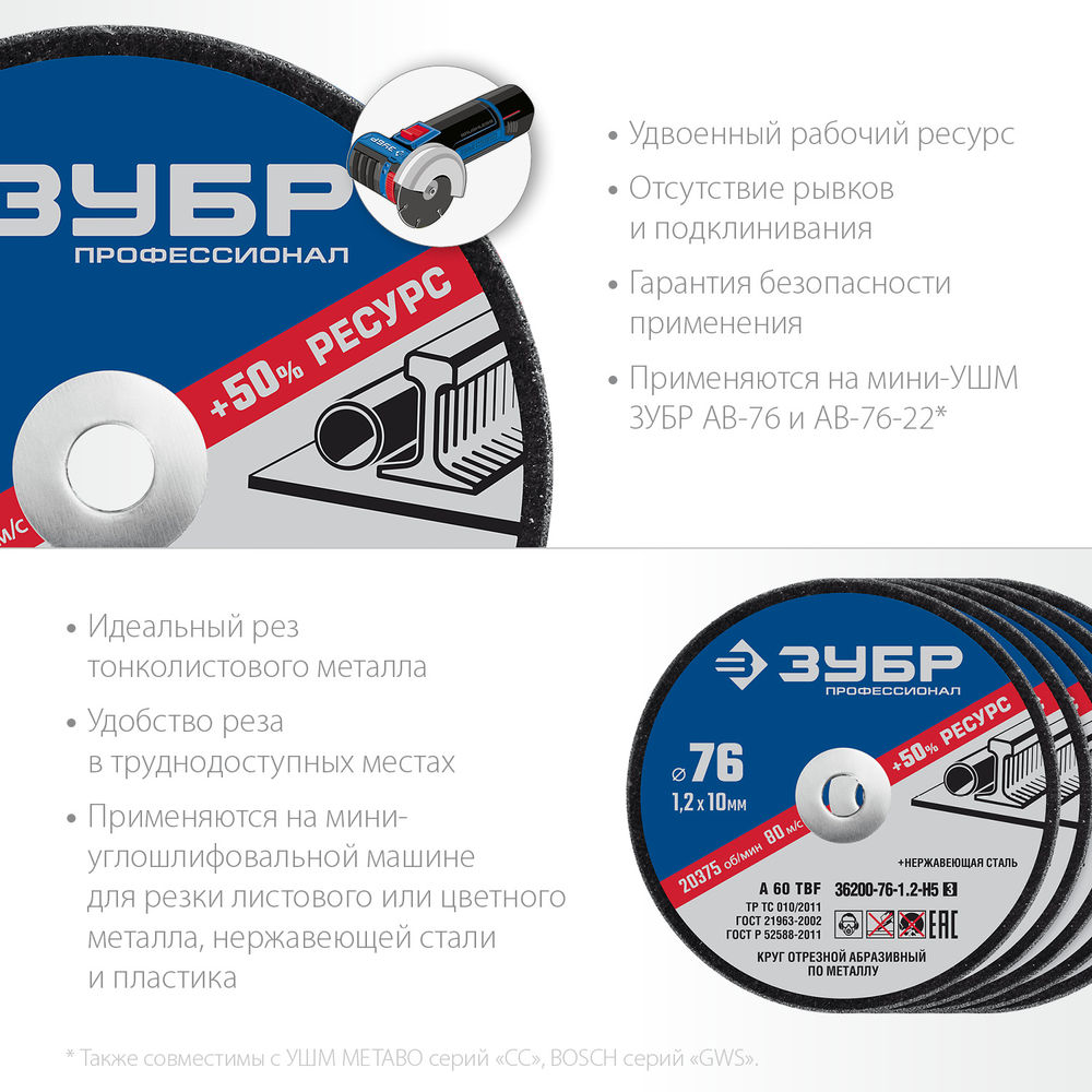 Отрезной круг Х-2 76 x 1.2 мм, для УШМ ЗУБР 36200-76-1.2-H5_z03