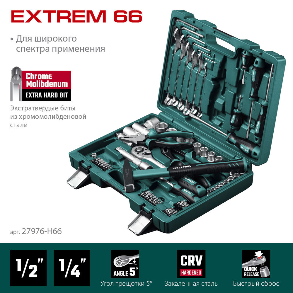 Набор инструмента универсальный 66 предм., (1/2+1/4) EXTREM-66 KRAFTOOL 27976-H66