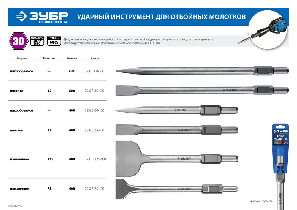 Зубило лопаточное 75 x 400 мм HEX 30 ЗУБР БУРАН 29375-75-400
