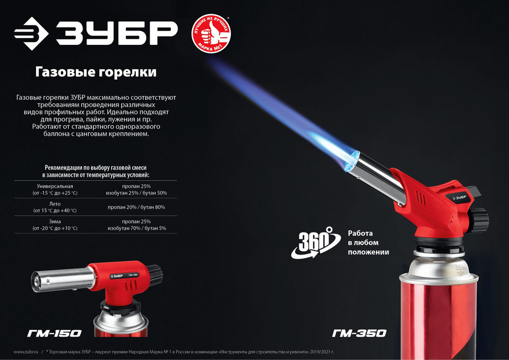 Горелка газовая ГМ-350 1300°C с пьезоподжигом на баллон с цанговым соединением ЗУБР 55553