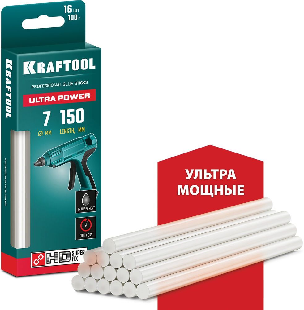 Клеевые стержни Ultra Power, 7 х 150 мм, 16 шт, прозрачные, ультрамощные KRAFTOOL 06837-16