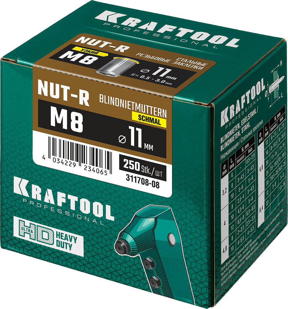 Резьбовые заклепки стальные с насечками Nut-R, М8, уменьш. бортик, 250 шт KRAFTOOL 311708-08