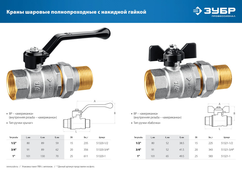 Шаровой кран полнопроходной d 3/4, ручка «бабочка», «мама-папа», с накидной гайкой ЗУБР 51321-3/4