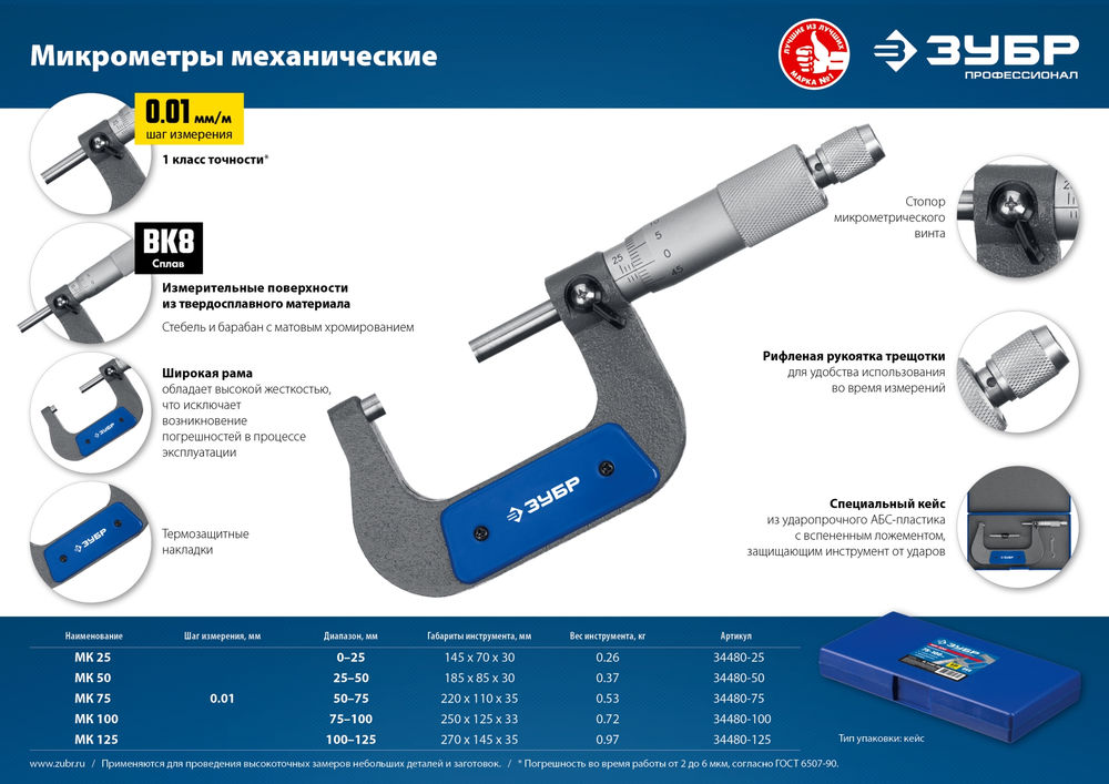 Микрометр механический гладкий МК 125, 100 - 125 мм ЗУБР Профессионал 34480-125_z02