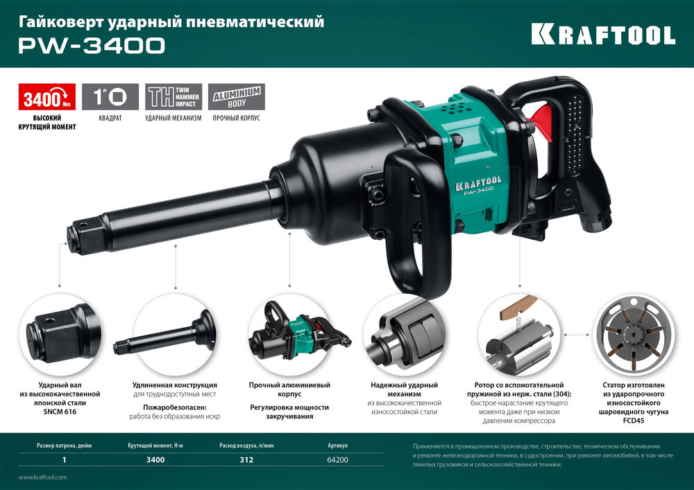 Ударный пневматический гайковерт PW-3400, 1, 3400 Н·м KRAFTOOL 64200
