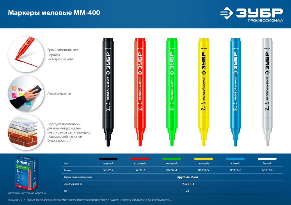 Меловой маркер ММ-400 желтый, 2 мм ЗУБР 06332-5