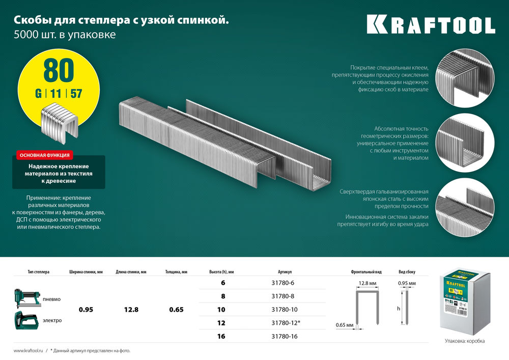 Скобы тип 80 (BeA/Prebena A/Senco AT), 10 мм, калибр 21GA, 5000 шт KRAFTOOL 31780-10
