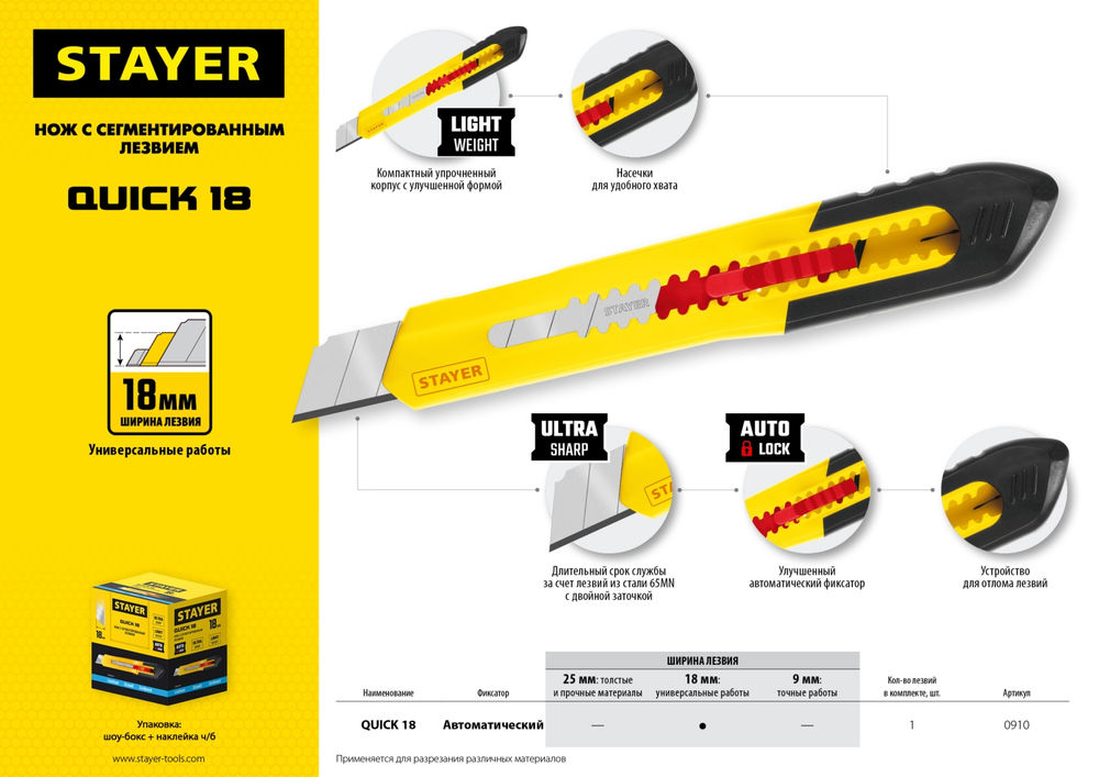 Нож 18 мм из АБС пластика QUICK-18 STAYER 0910
